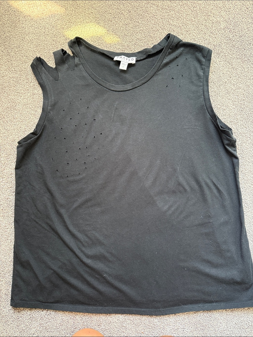 Frayed Sleeveless Distressed Muscle Tee Top - Black